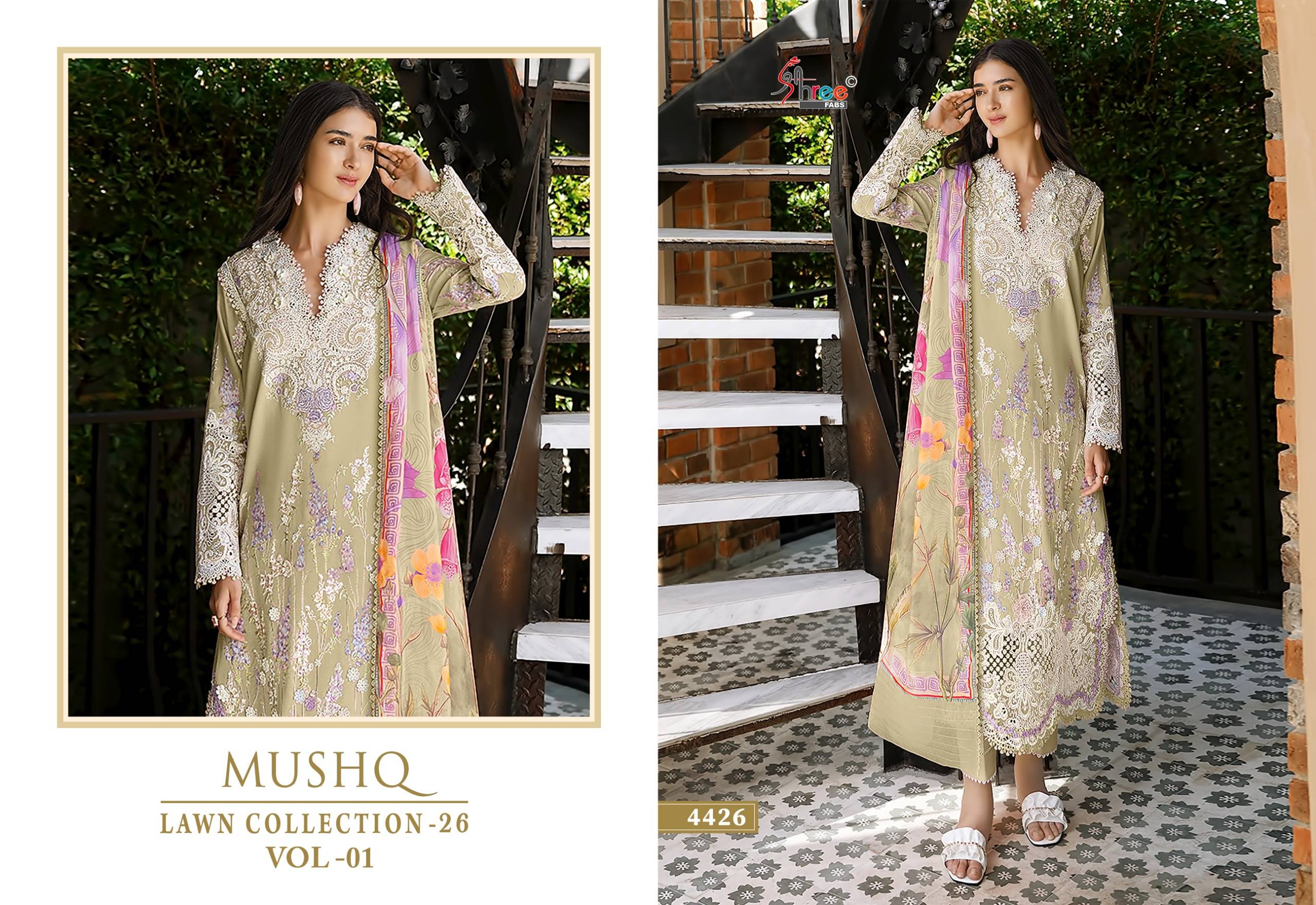 MUSHQ LAWN COLLECTION VOL-1 By Shree fabs 4421 To 4426 Series Pakistani Stylish Embroidered PURE COTTON Dresses At Wholesale Price